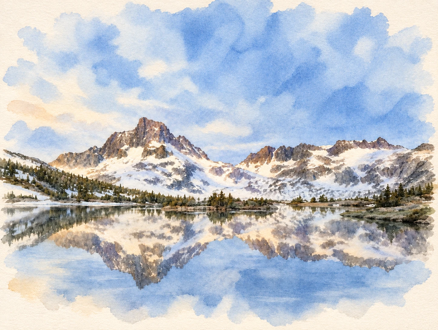 Southern Island Lake, Sierra Nevada : sommets enneigés, pins et reflets, peints à l’aquarelle à partir de ma photographie du PCT 2026.