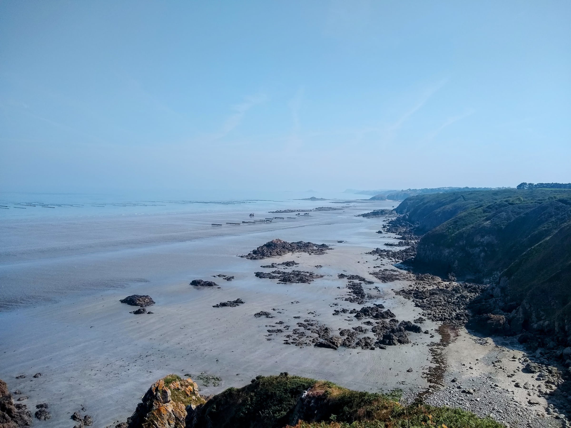 Rivage rocheux à marée basse bordé de falaises verdoyantes sous un ciel clair.