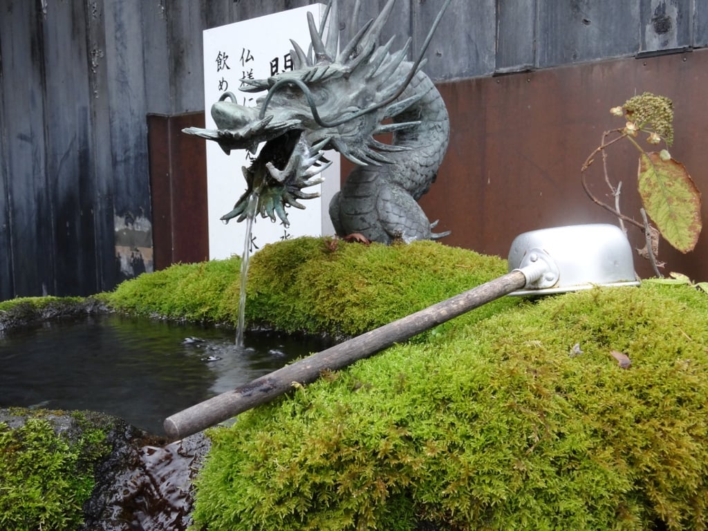 Dragon sculpté laissant couler de l’eau dans un bassin couvert de mousse, avec une louche.