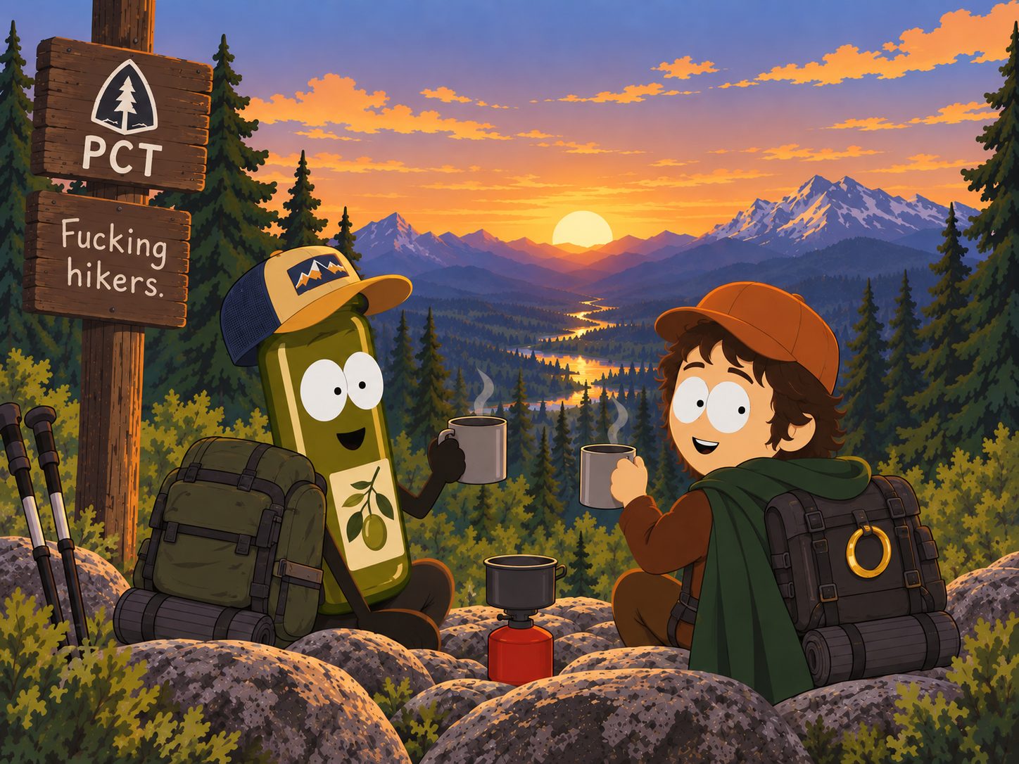 Illustration de deux personnages avec leurs sacs à dos et des tasses, près d’un panneau PCT et Fucking hikers, devant un coucher de soleil sur les montagnes.
