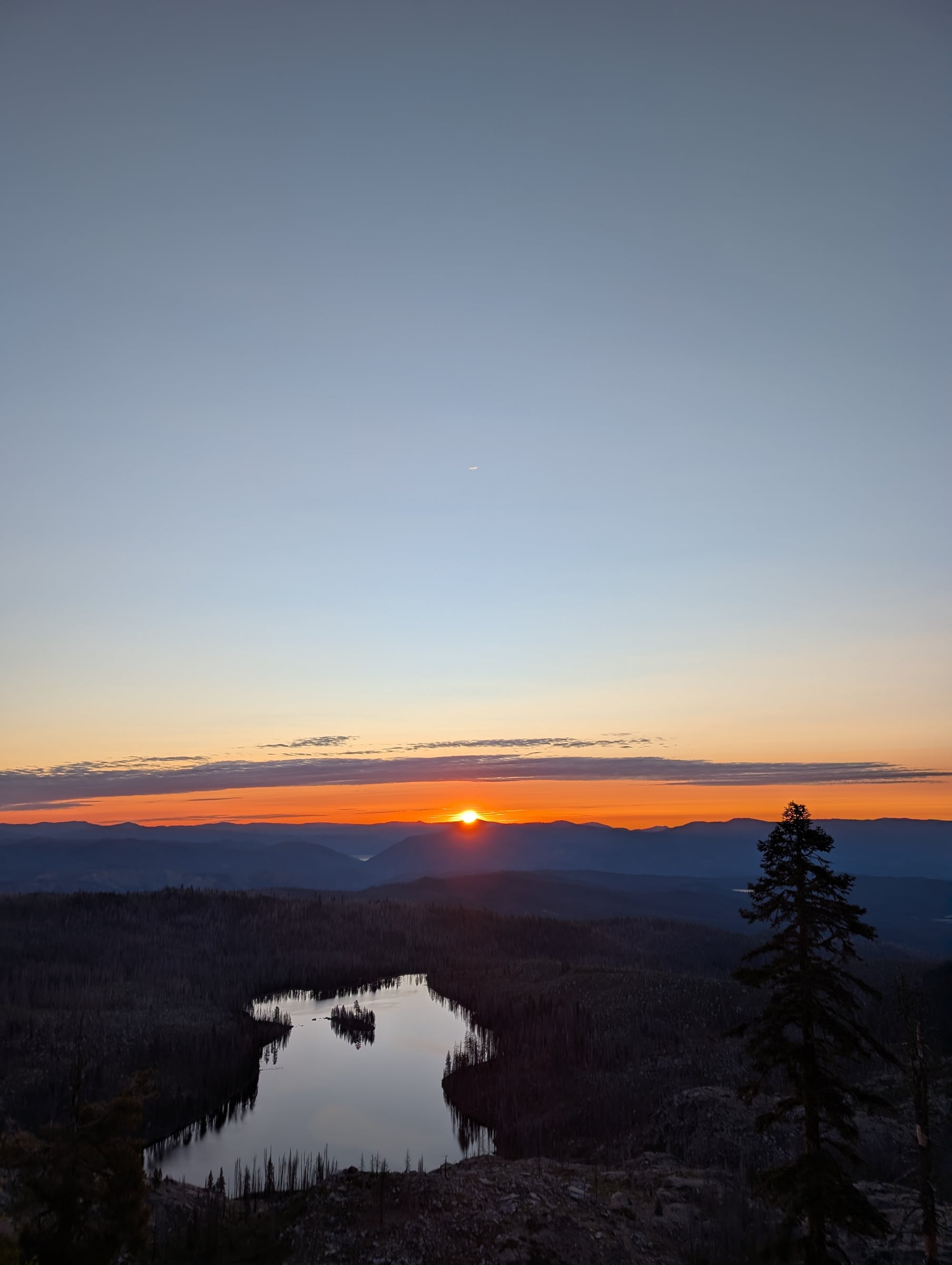 Soleil couchant au-dessus de montagnes, avec un lac et la silhouette d’un pin au premier plan.