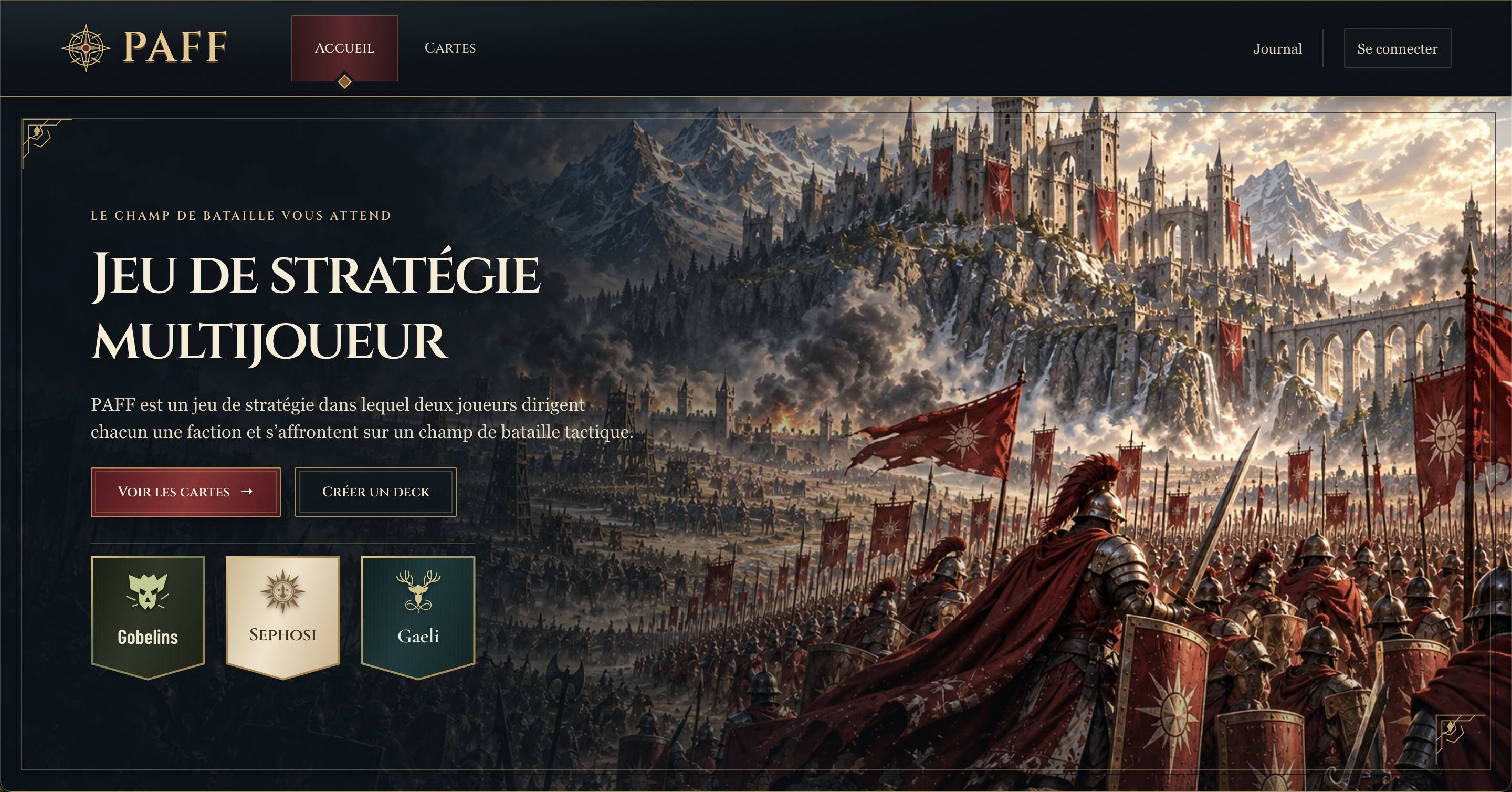 PAFF : présentation du jeu de stratégie et des factions, devant une cité et ses armées.